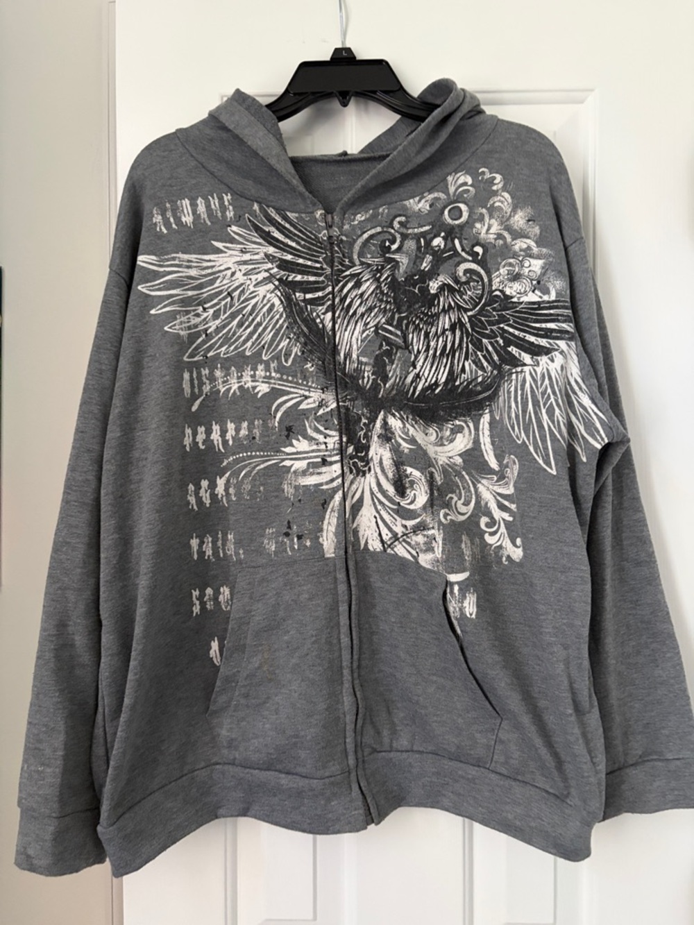 Vintage Gray Zip-Up Hoodie with White Winged Graphic